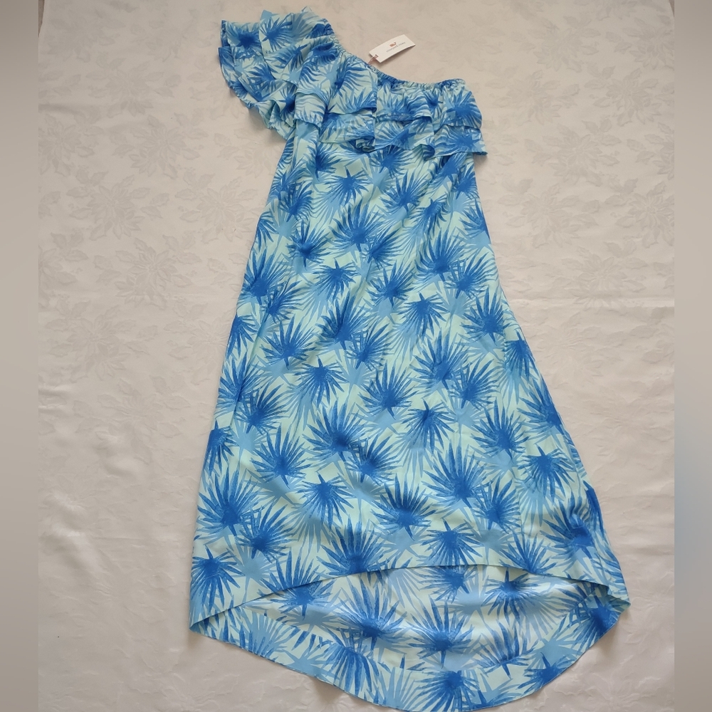 New 🆕 Silk Blend One Shoulder Ruffle High Low Dress Aquamarine